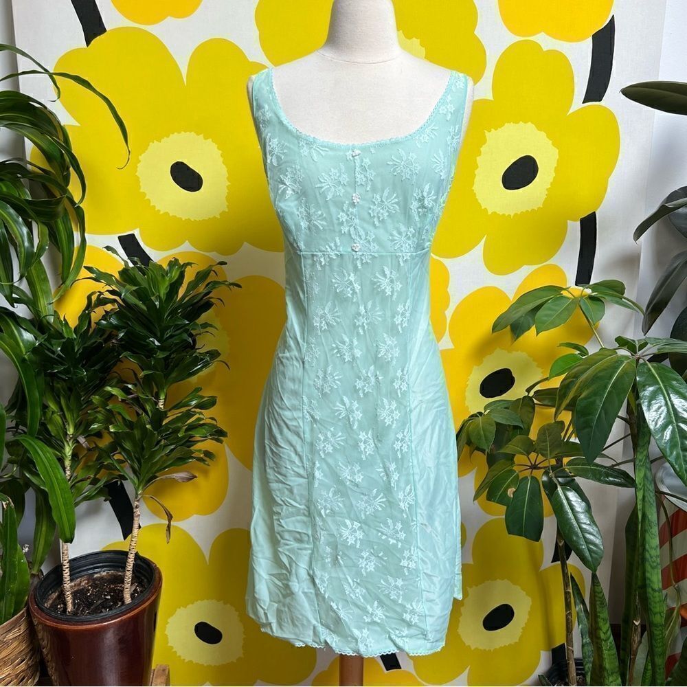 Dreamy 1950s Mint Green Satin Lace Embroidered Slip Lingerie Nightgown